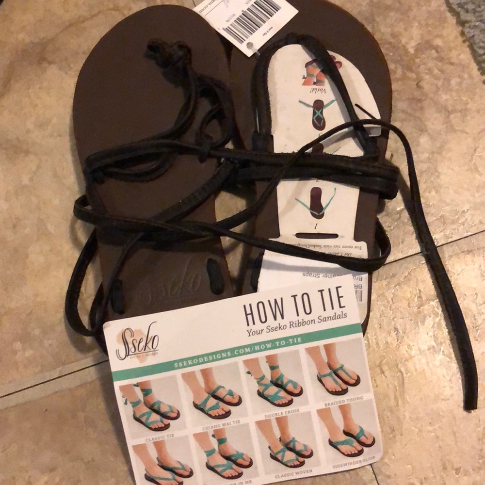 Brown leather sseko designs multi tie sandals